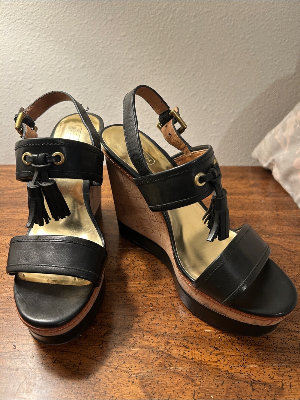 COACH Black leather Tassel Wedge Sandals
